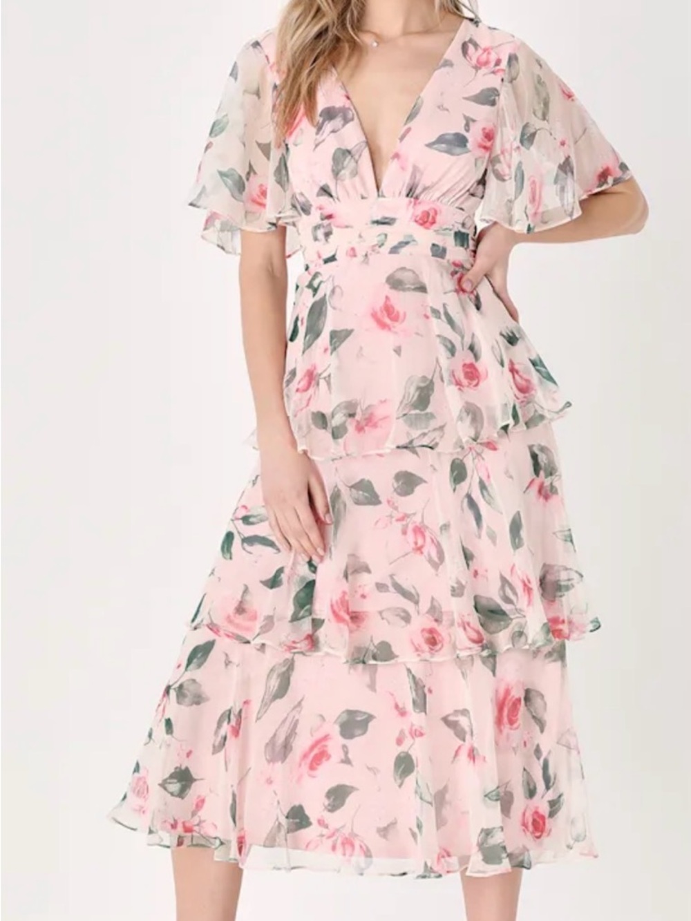 Lulu's Pink Floral Tiered V-Neck Maxi Dress